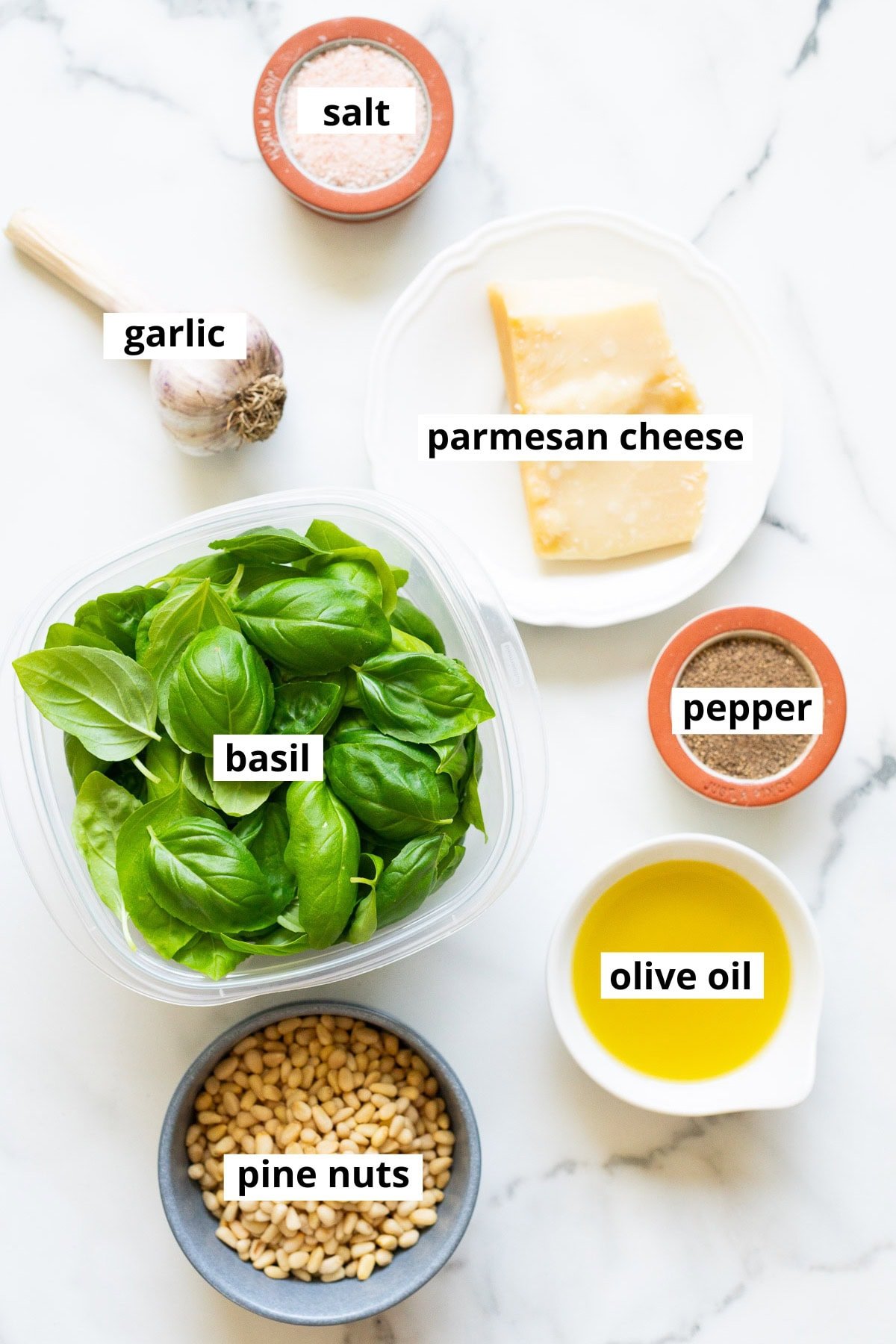 Fresh basil, parmesan cheese, garlic, pine nuts, olive oil, salt, pepper.