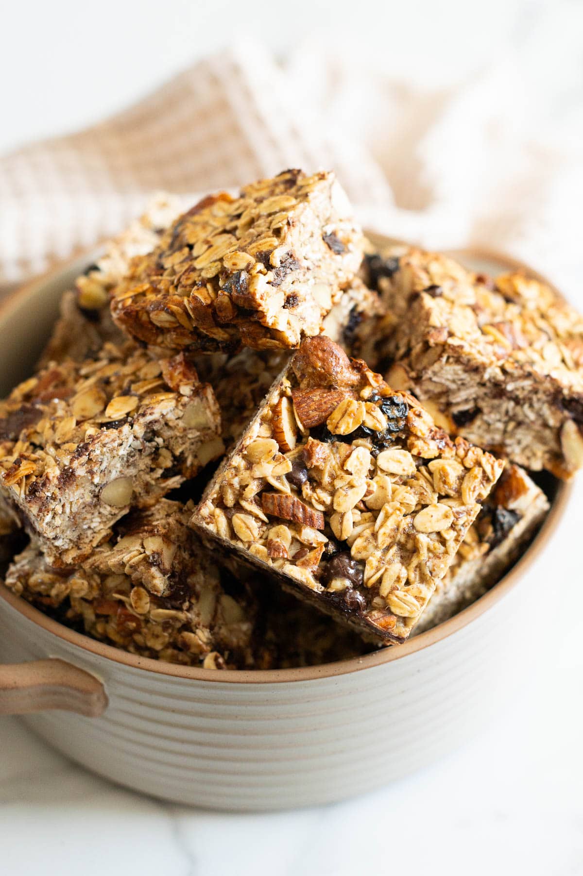 Sliced protein granola bars in a serving dish.