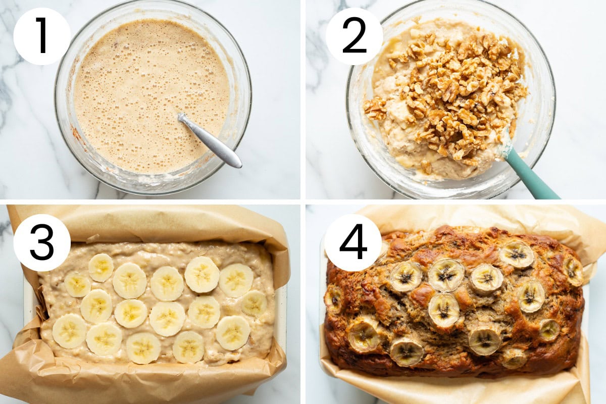 Step by step process how to make banana bread with greek yogurt.