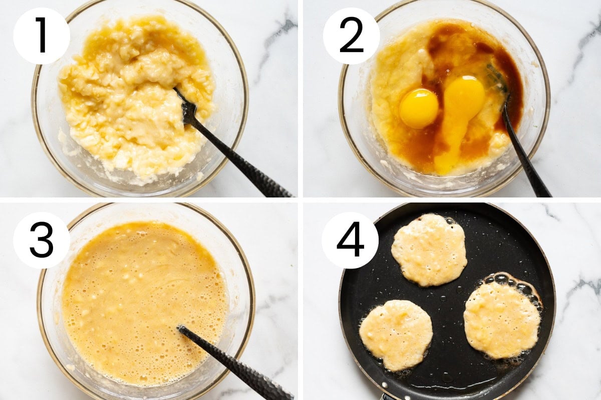 Step by step process how to make banana and eggs pancakes.