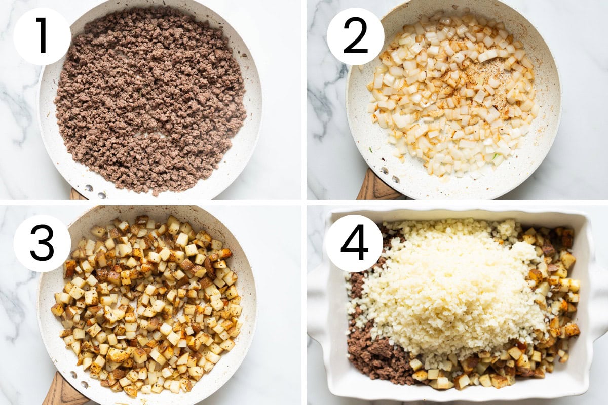 Step by step process how to prep Big Mac casserole.