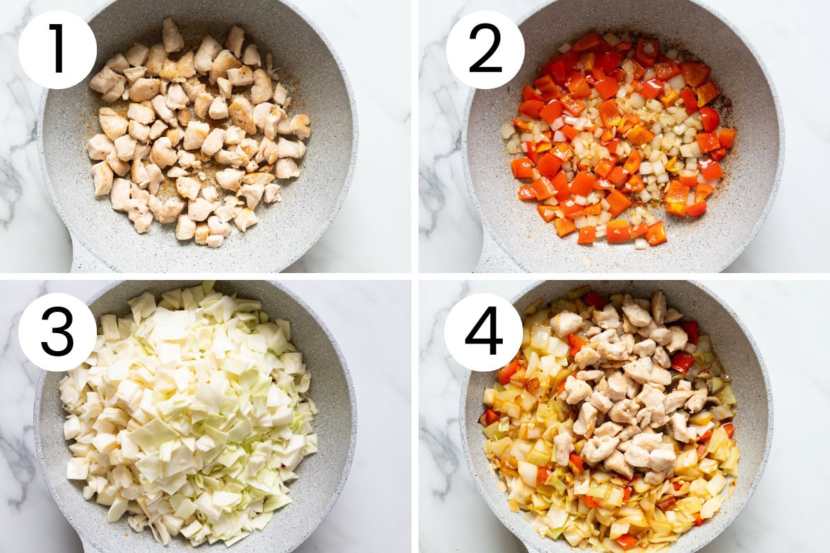 Step by step process how to make stir fry with chicken and cabbage.