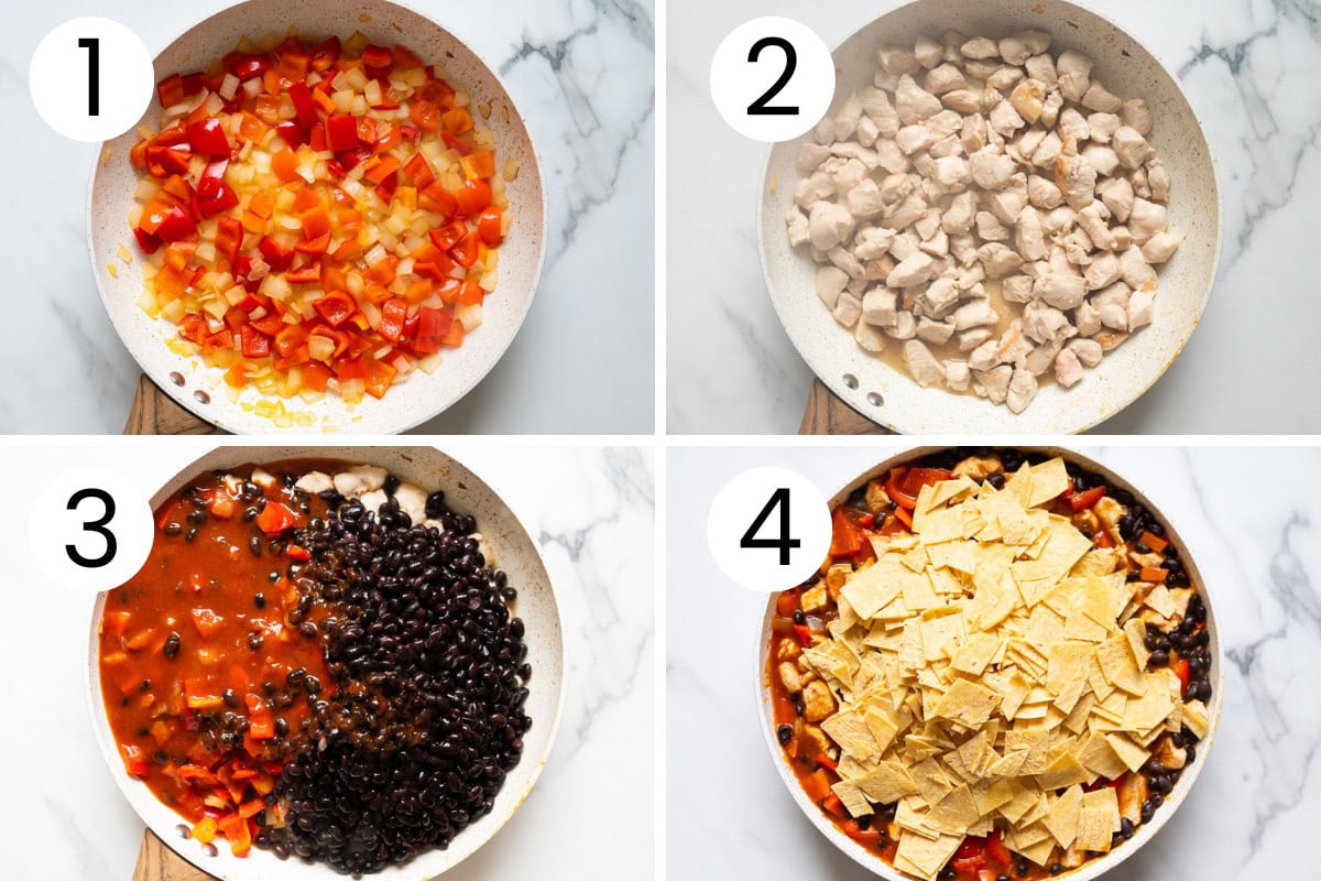 Step by step process how to make chicken enchilada skillet.