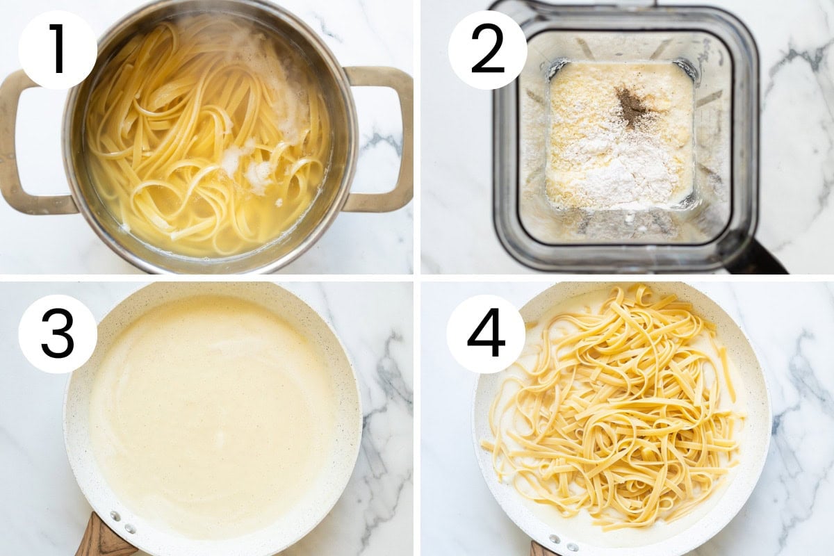 Step by step process how to make fettuccine with cottage cheese alfredo sauce.