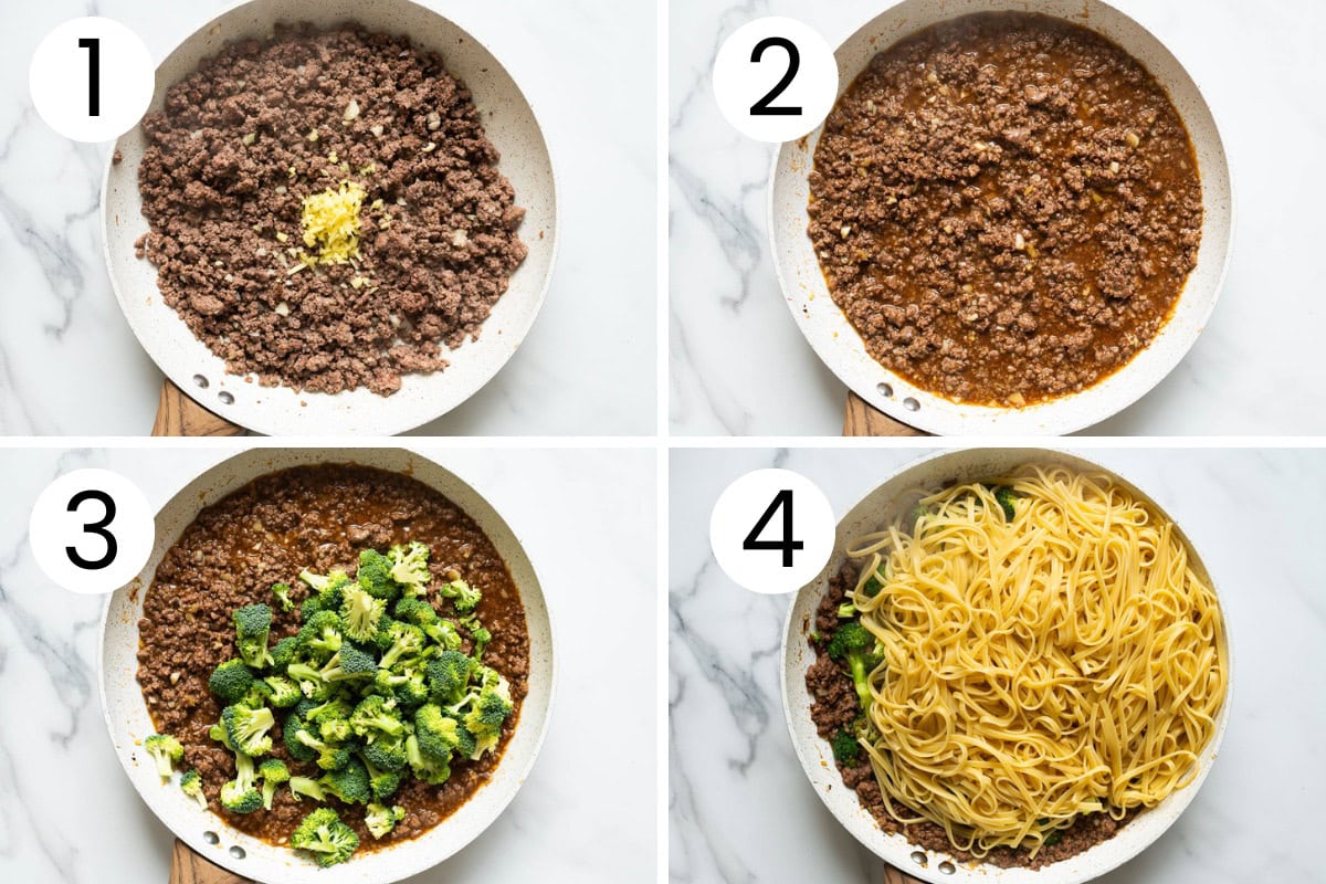 Step by step process how to make Mongolian ground beef noodles.