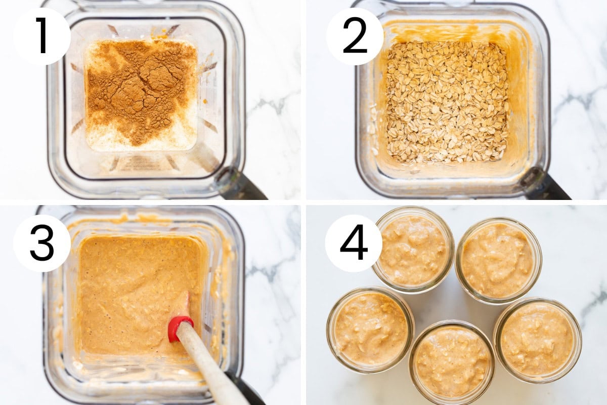 Step by step process how to make pumpkin protein overnight oats in a blender.