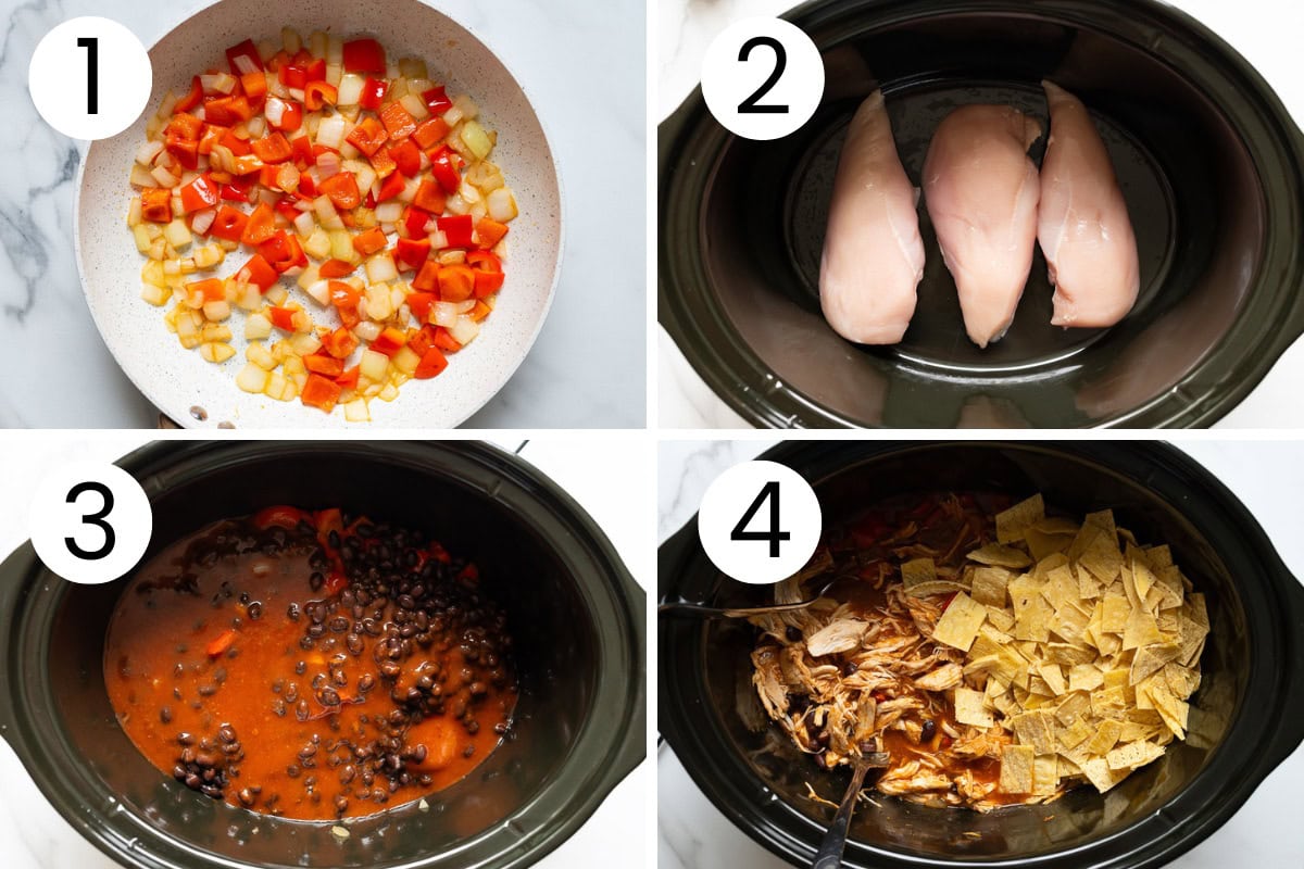 Step by step process how to make chicken enchilada casserole in a crock pot.