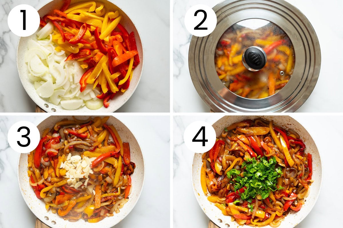 Step by step process how to saute bell peppers with onions.