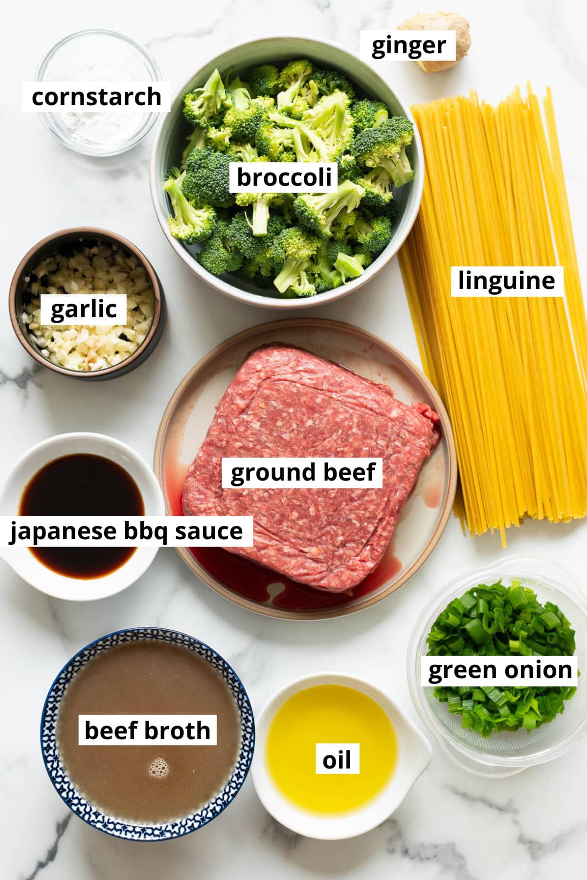 Ground beef, broccoli, linguine, garlic, cornstarch, ginger, Japanese BBQ sauce, beef broth, oil, green onion.