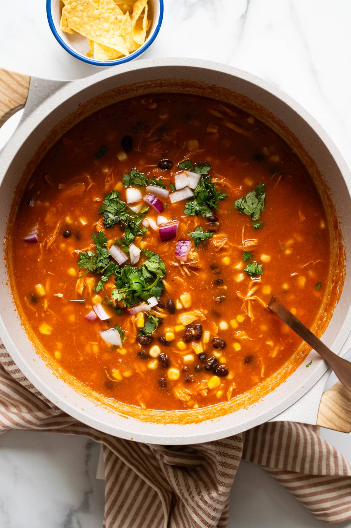 Chicken enchilada soup garnished with red onion and cilantro in a pot with ladle.