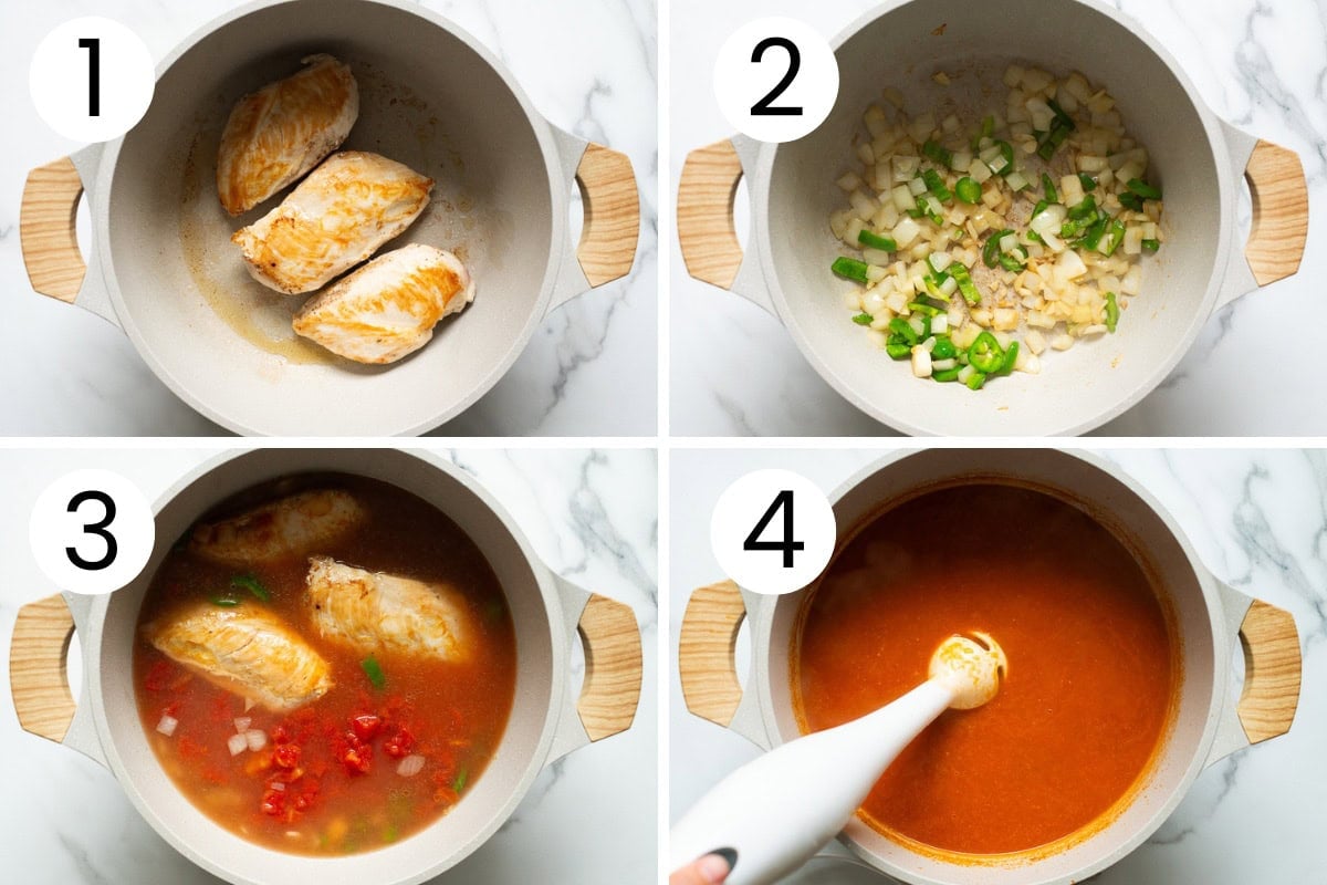 Step by step process how to cook chicken enchilada soup.