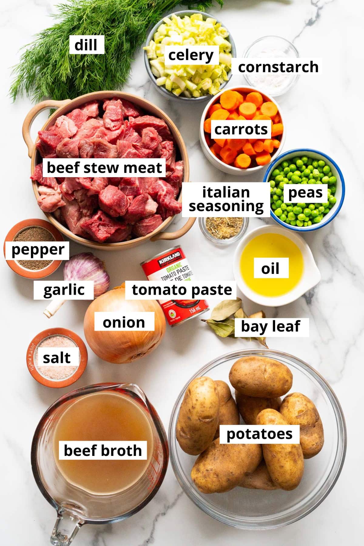 Beef stew meat, carrots, please, Italian seasoning, cornstarch, celery, dill, oil, tomato paste, believe, onion, garlic, salt, pepper, potatoes, beef broth.