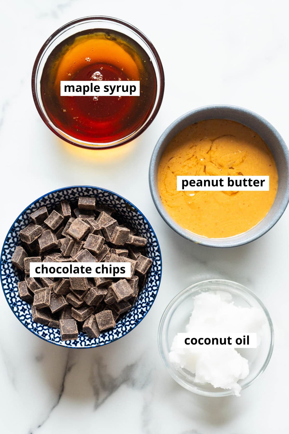 Peanut butter, chocolate chips, maple syrup, coconut oil.