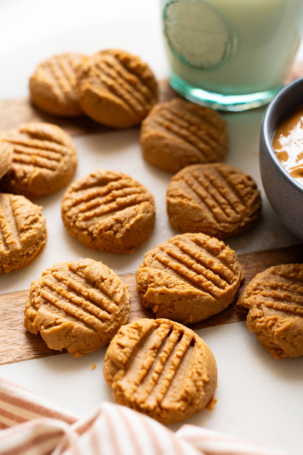 Side view of 2 ingredient peanut butter cookies on a tray.