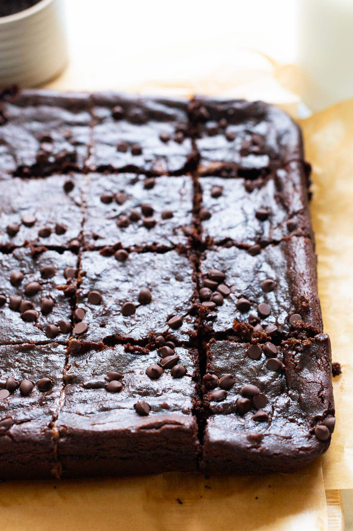 Side view of sliced sweet potato brownies.