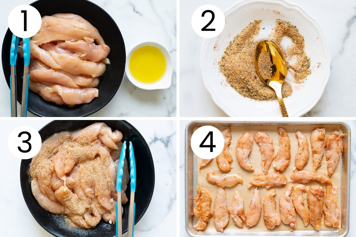 Step by step process how to bake chicken tenders in the oven.