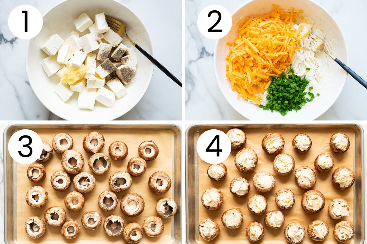 Step by step process how to stuff mushrooms with cream cheese.