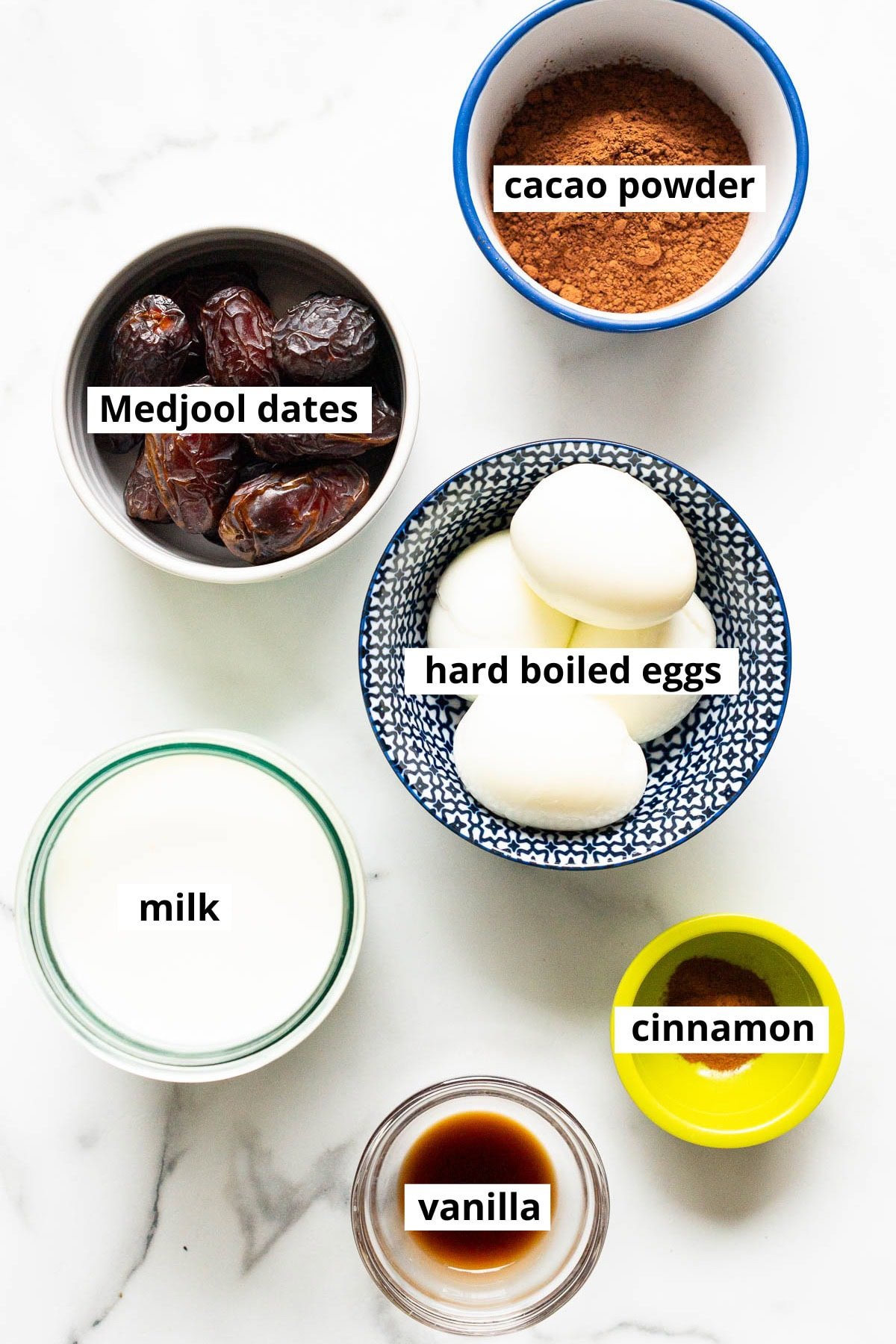 Medjool dates, cacao powder, hard boiled eggs, milk, vanilla extract, cinnamon.