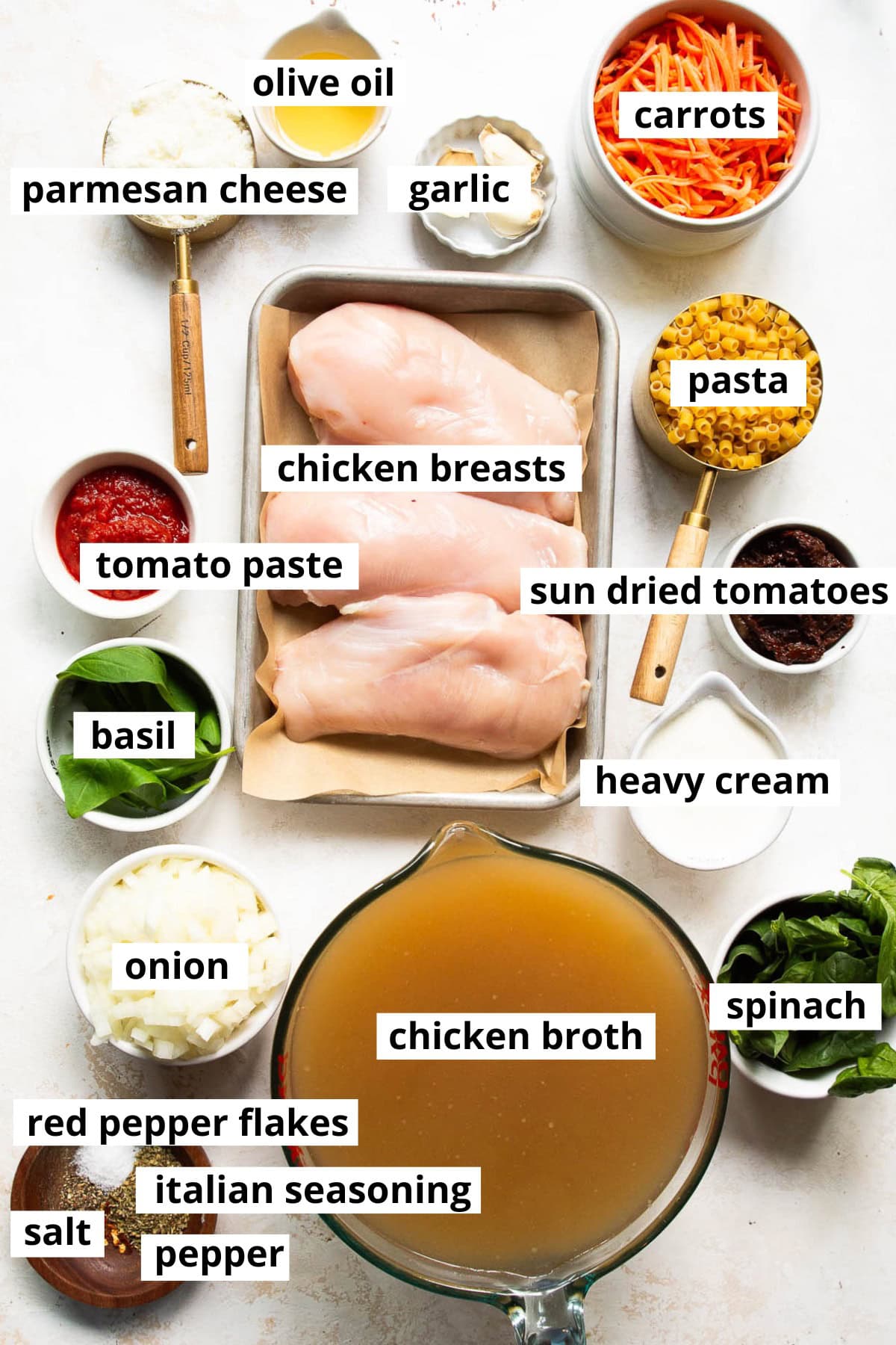 Chicken breasts, carrots, onion, garlic, olive oil, parmesan cheese, pasta, sun dried tomatoes, heavy cream, tomato paste, basil, onion, chicken broth, spinach, red pepper flakes, italian seasoning, salt, pepper.