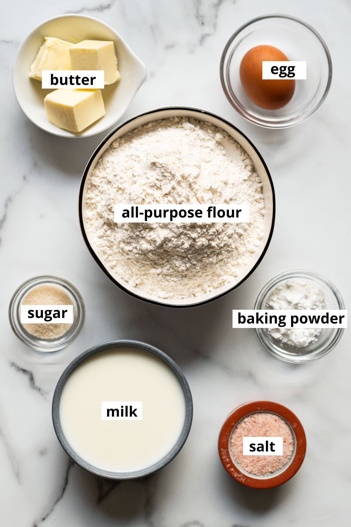 Butter, milk, sugar, salt, baking powder, all-purpose flour, egg.