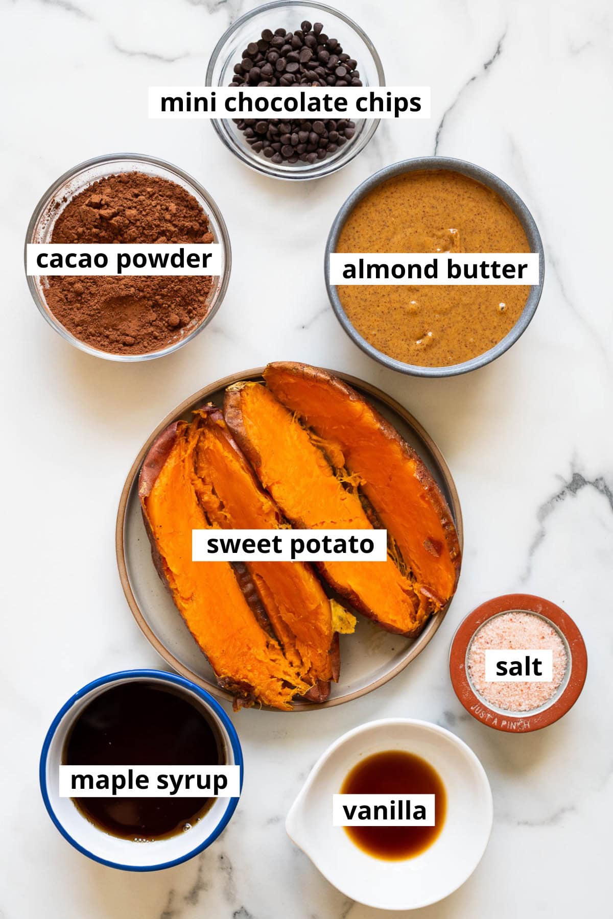 Almond butter, cacao powder, sweet potatoes, vanilla extract, maple syrup, mini chocolate chips, salt.