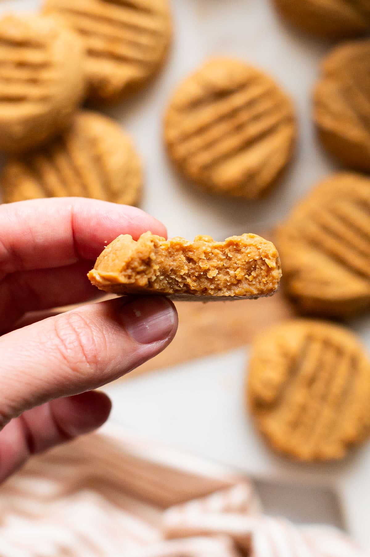 Person holding a peanut butter cookie showing texture inside.