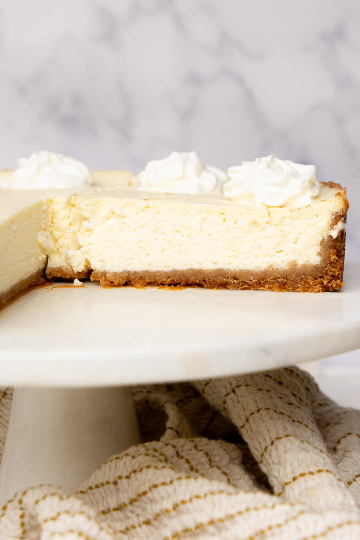 A slice of cottage cheese cheesecake showing texture inside.