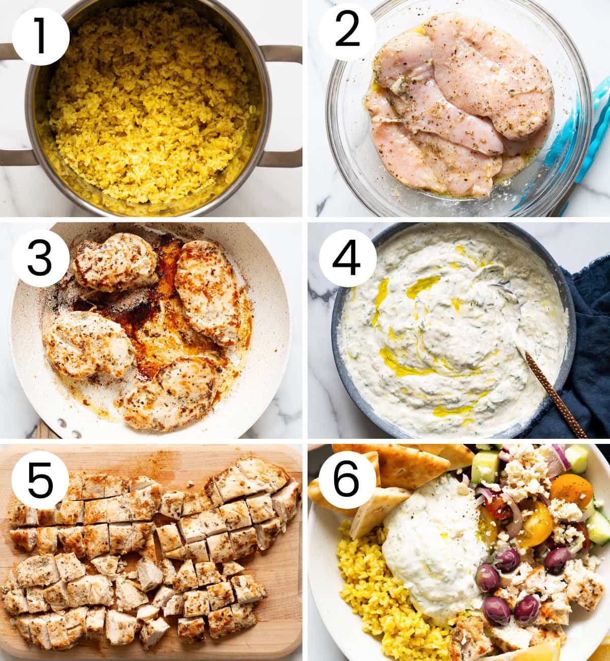 Step by step process how to make greek chicken bowls.