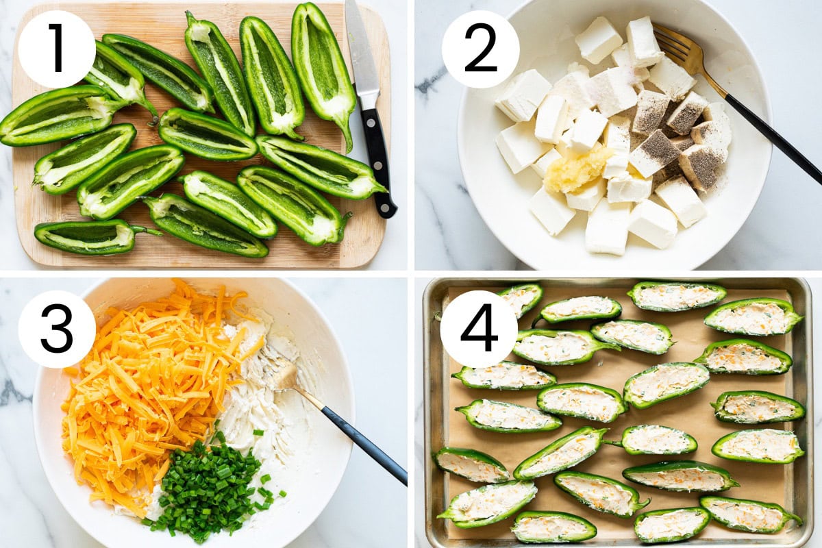 Step by step process how to clean jalapeno peppers and stuff them with cream cheese.