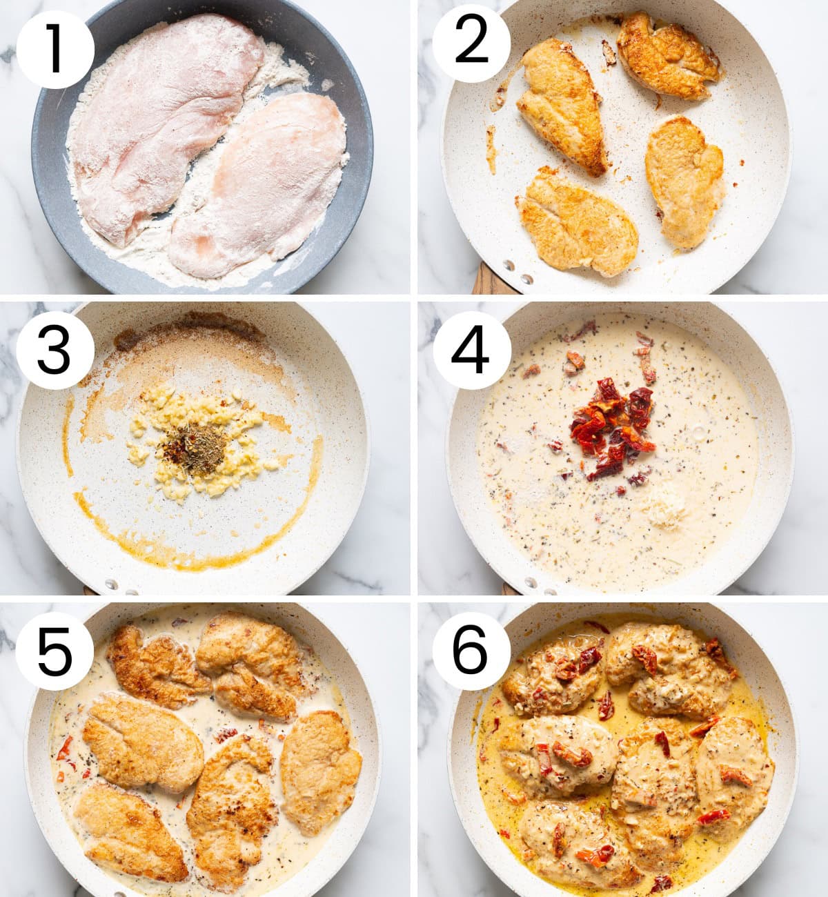 Step by step process how to make marry me chicken in a skillet.