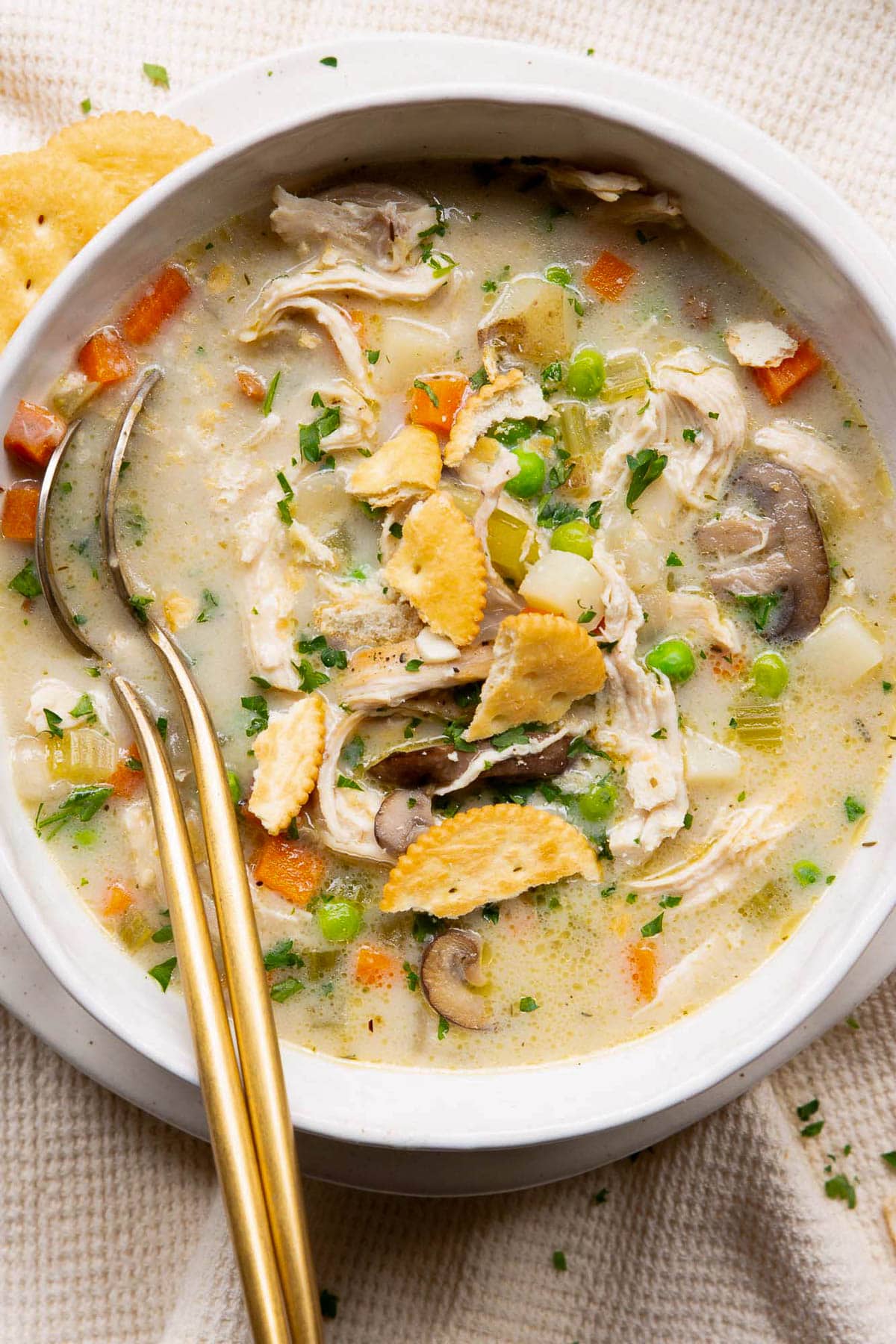 Healthy chicken pot pie soup with crackers in a bowl.