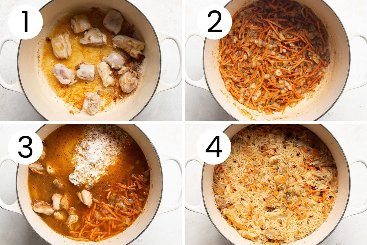 Step by step process how to make chicken and rice in one pot.