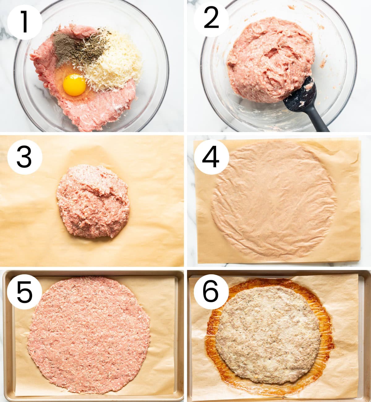 Step by step process how to make pizza crust with ground chicken.