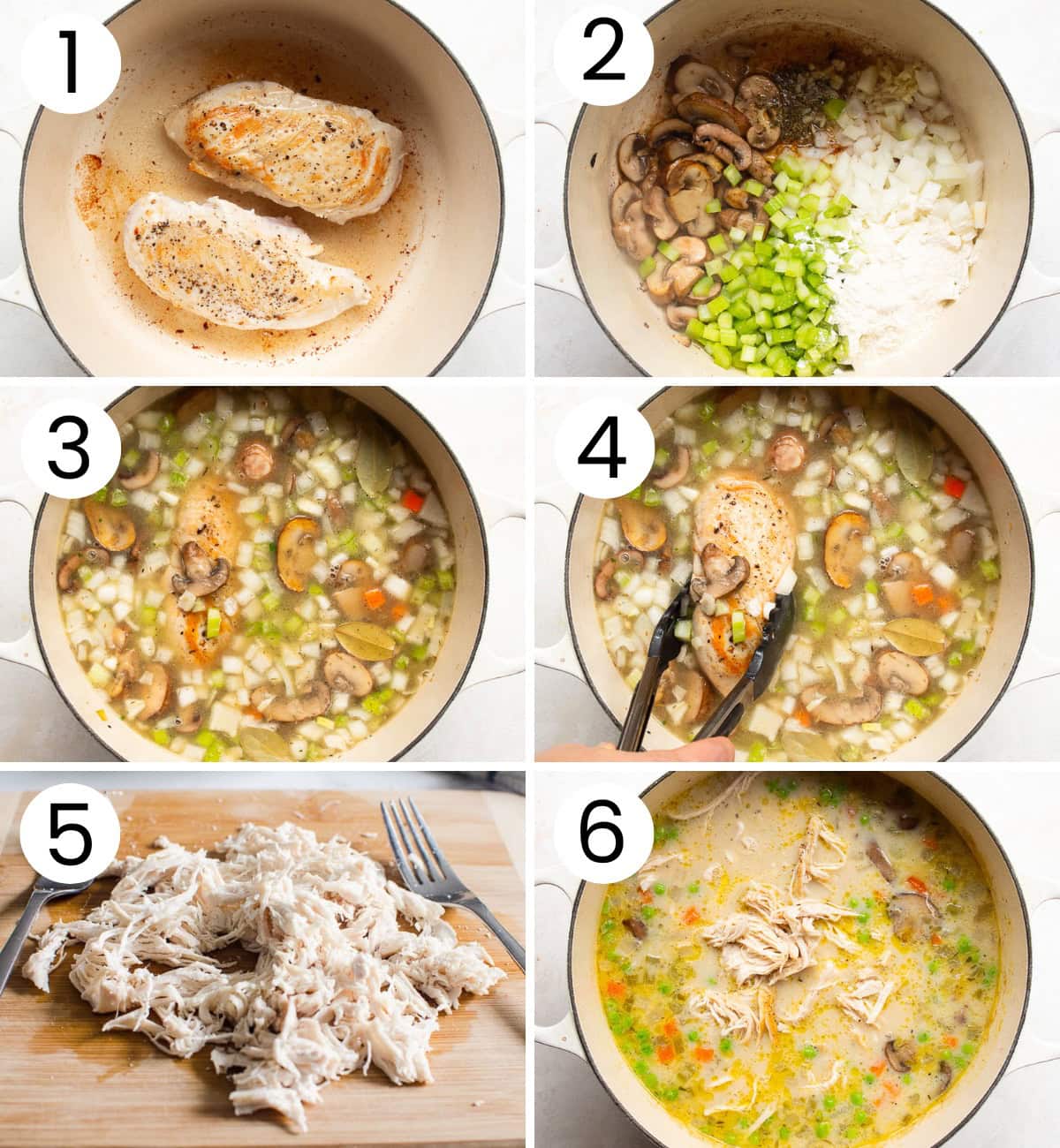 Step by step process how to make healthy chicken pot pie soup in a pot.