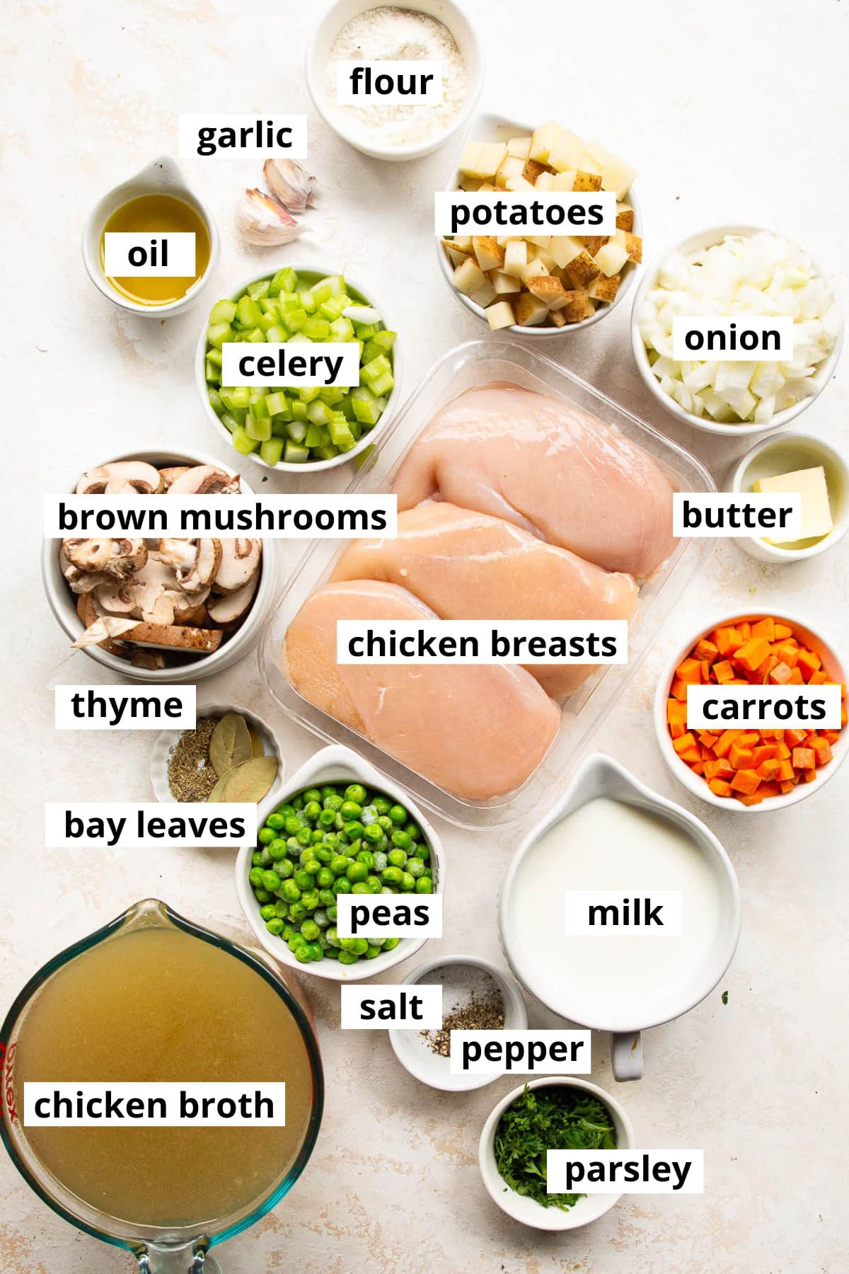 Chicken breasts, chicken broth, milk, celery, carrots, onion, garlic, peas, parsley, potatoes, milk, bay leaves, thyme, salt, pepper, brown mushrooms, butter, oil, flour.