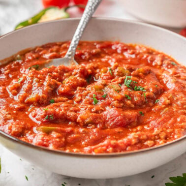 No bean chili served in a bowl with a spoon.