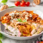 One pot lasagna served in a bowl with a fork.