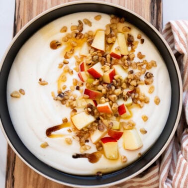 Whipped cottage cheese with apples, walnuts and maple syrup.