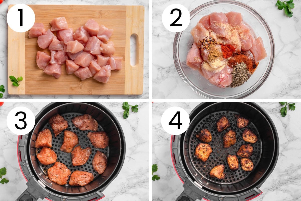 Step by step process how to make chicken bites in air fryer.