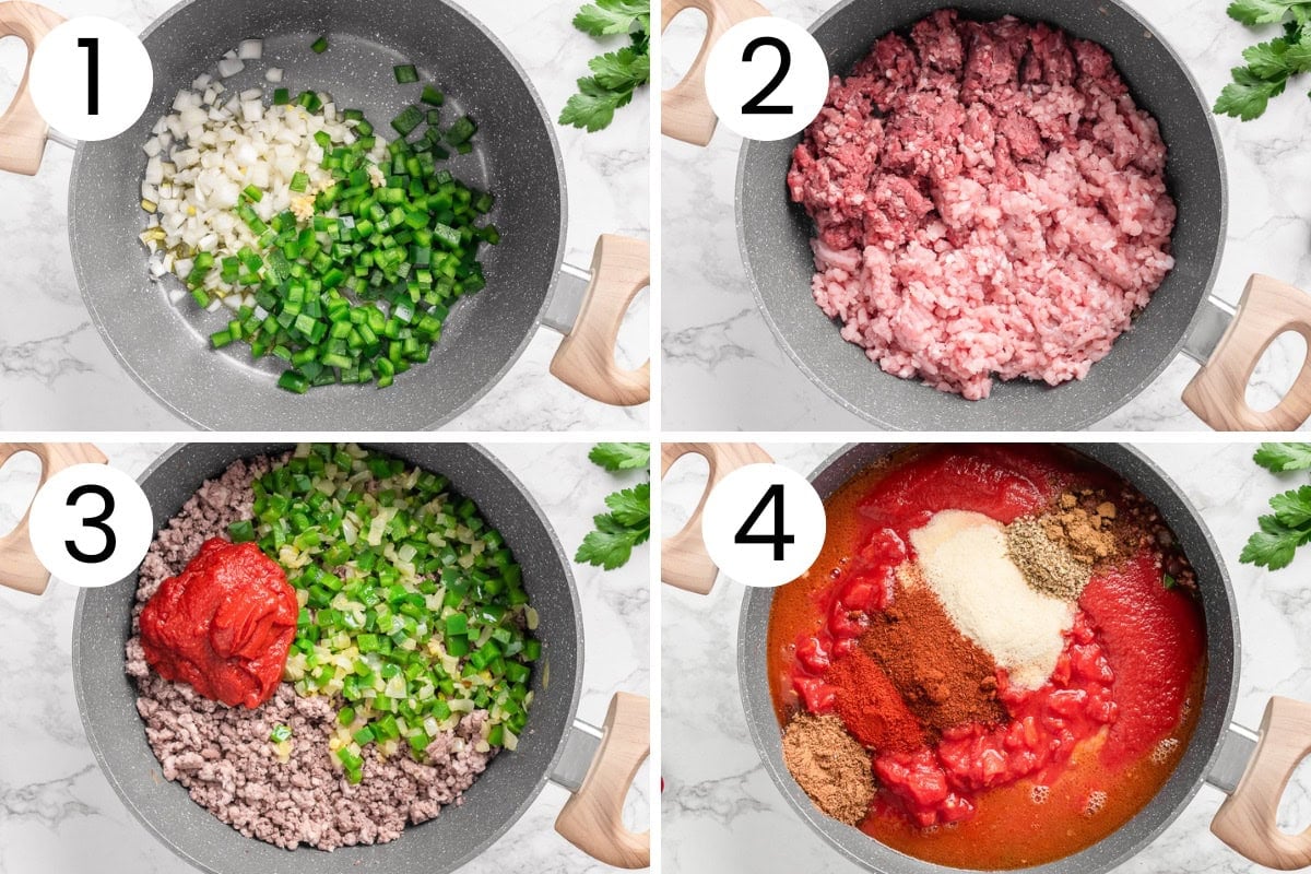 Step by step process how to make no bean chili.