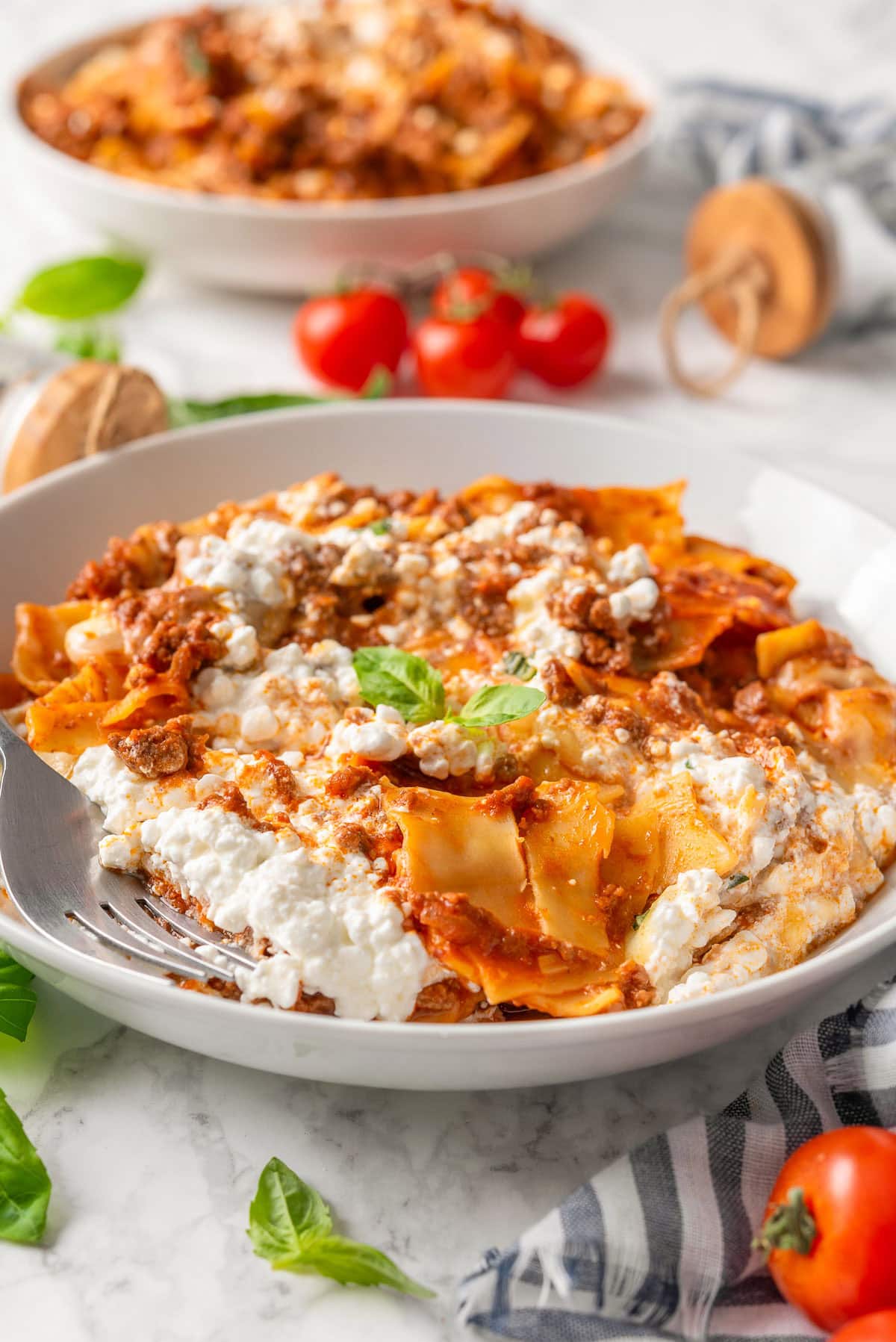 One pot lasagna served in a bowl with a fork.