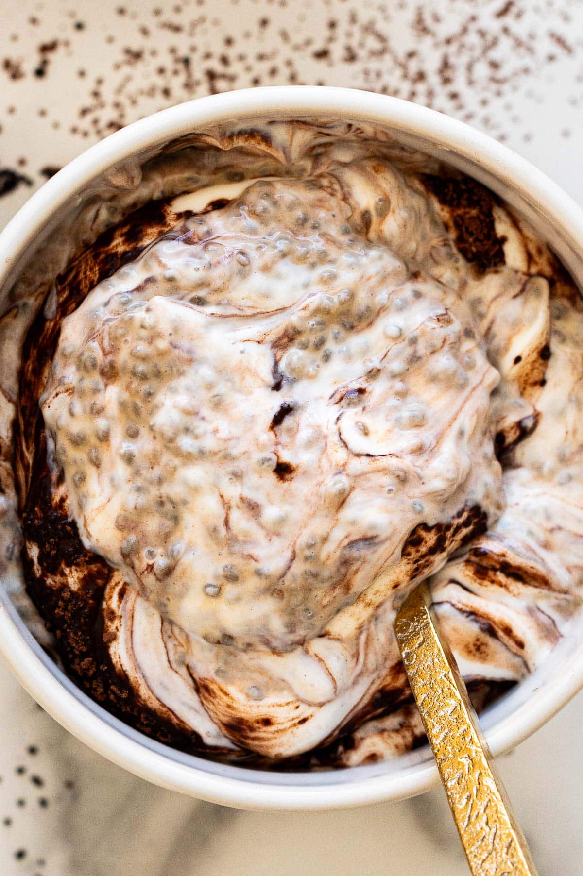 Tiramisu chia seed pudding in a bowl.