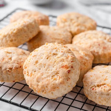 Cottage cheese biscuits on a wire rack.