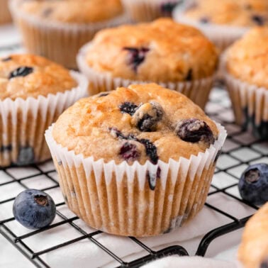Cottage cheese blueberry muffins on a wire rack.