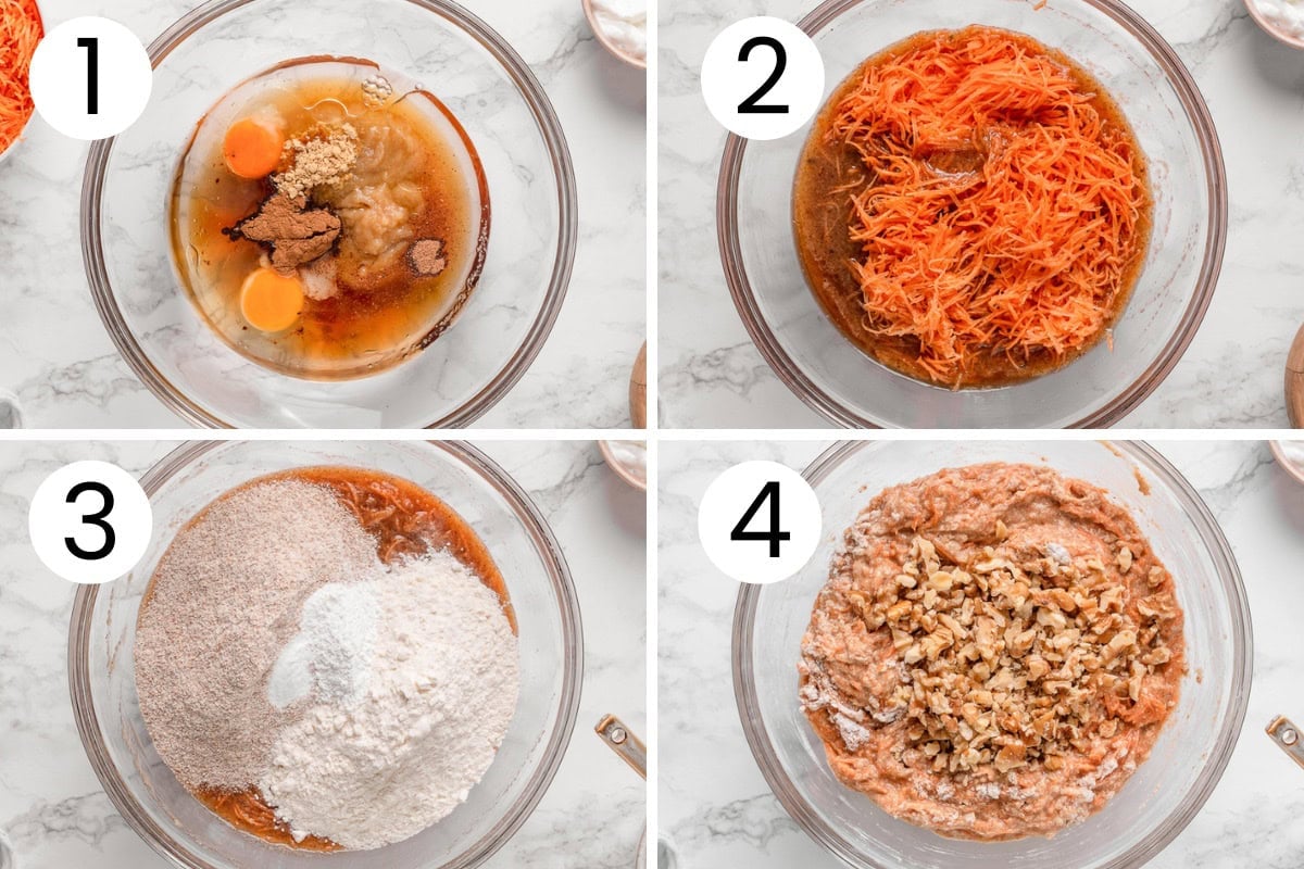 Step by step process how to make carrot cake loaf batter.