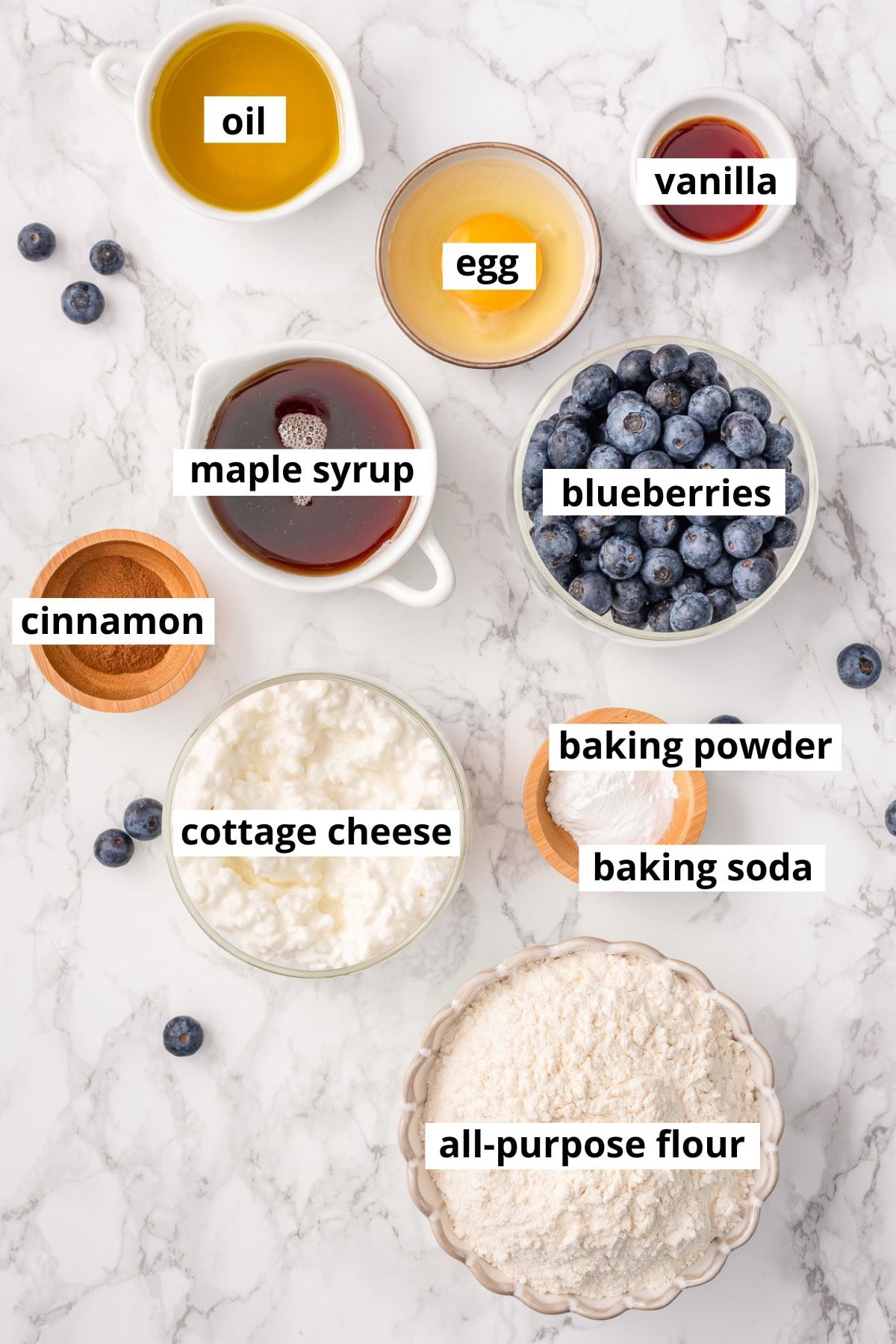 Cottage cheese, all-purpose flour, maple syrup, vanilla extract, blueberries, cinnamon, oil, egg, baking powder, baking soda.