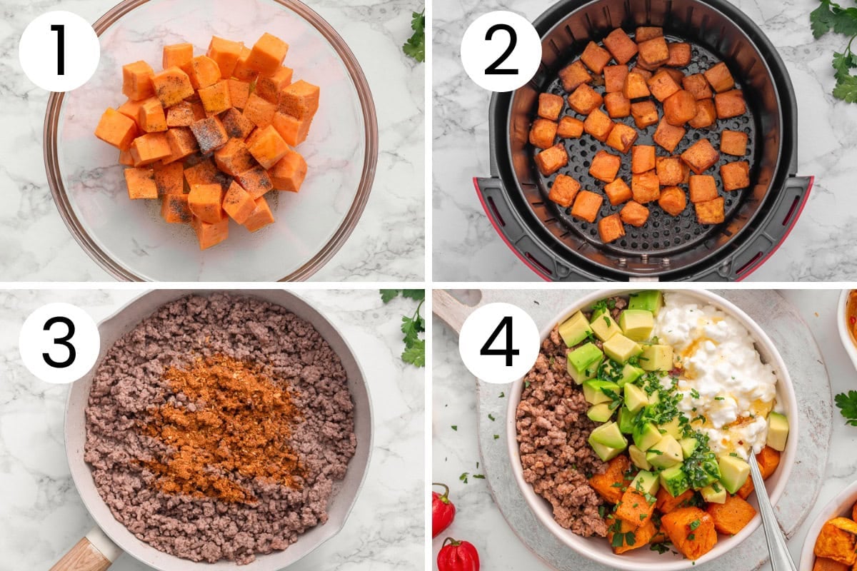 Step by step process how to make sweet potato cottage cheese beef bowls.