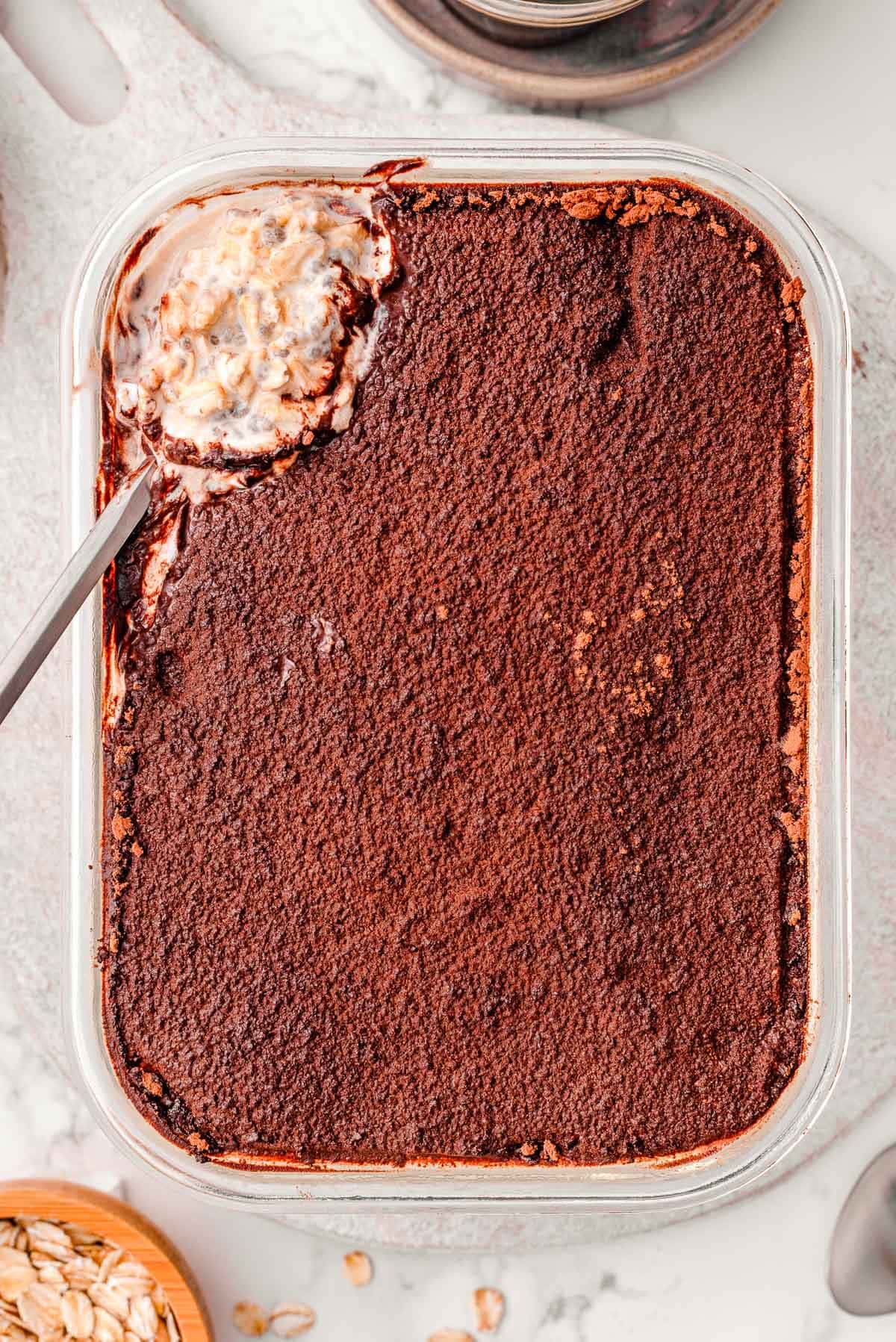 Looking down on tiramisu overnight oats in glass container.