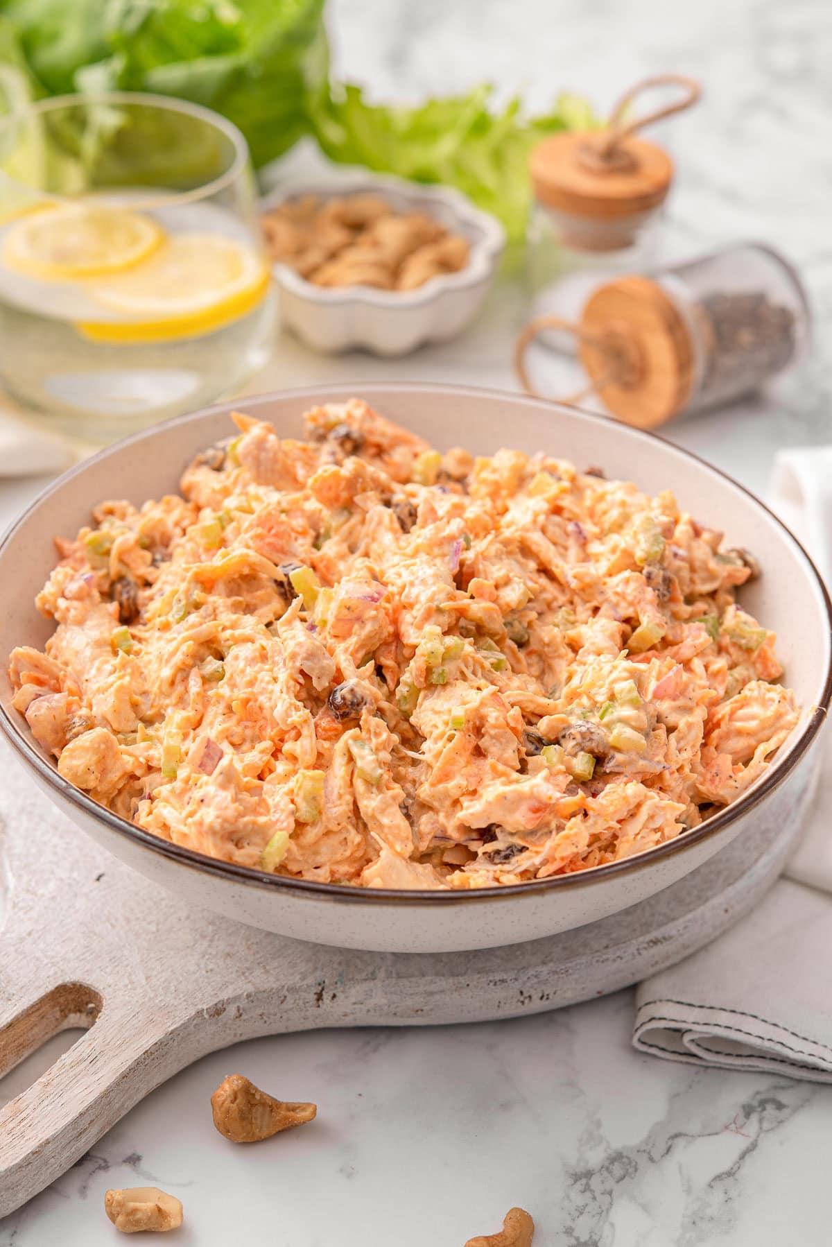 Buffalo chicken salad in a bowl.