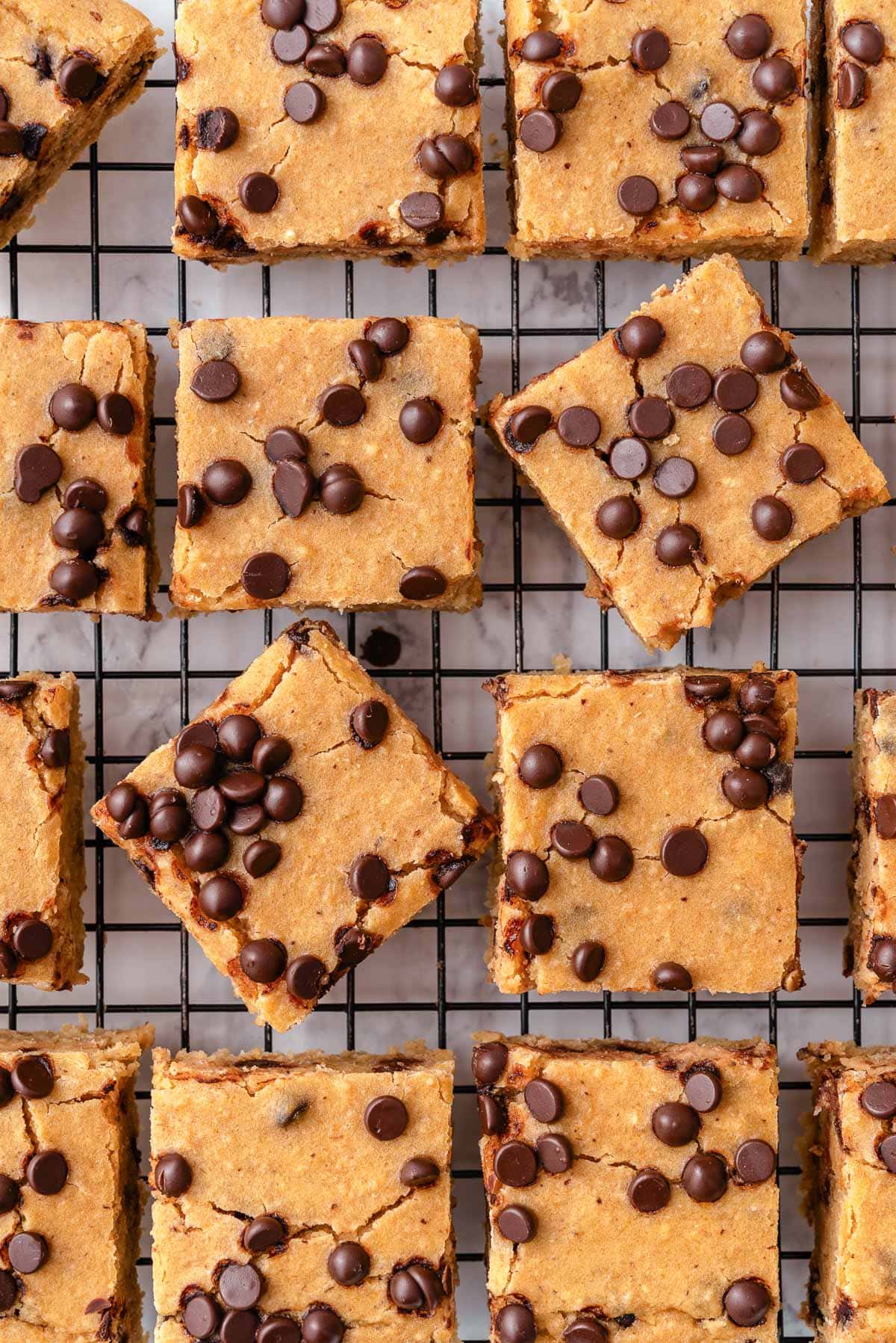 Chickpea blondies on a wire rack.